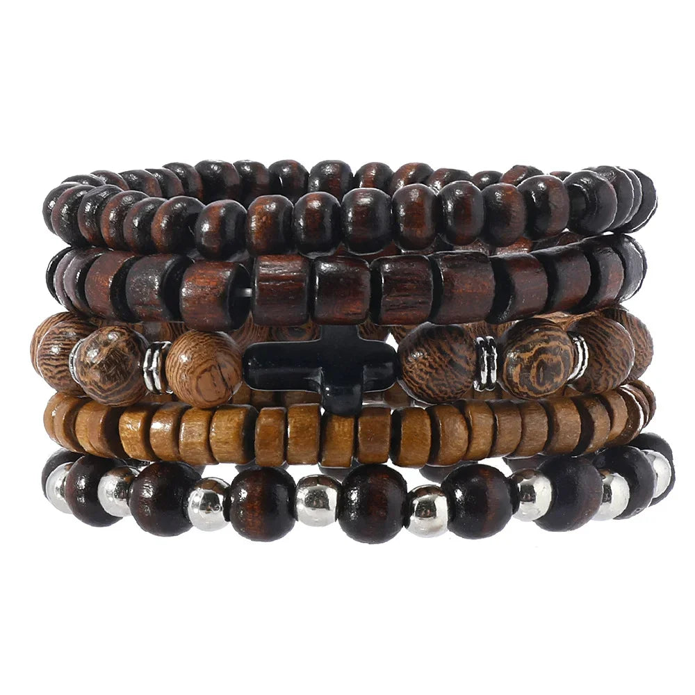 Vintage Cross Multi-Layer Beaded Wooden Beads Men's Bracelet Multi-Piece Set Bracelet