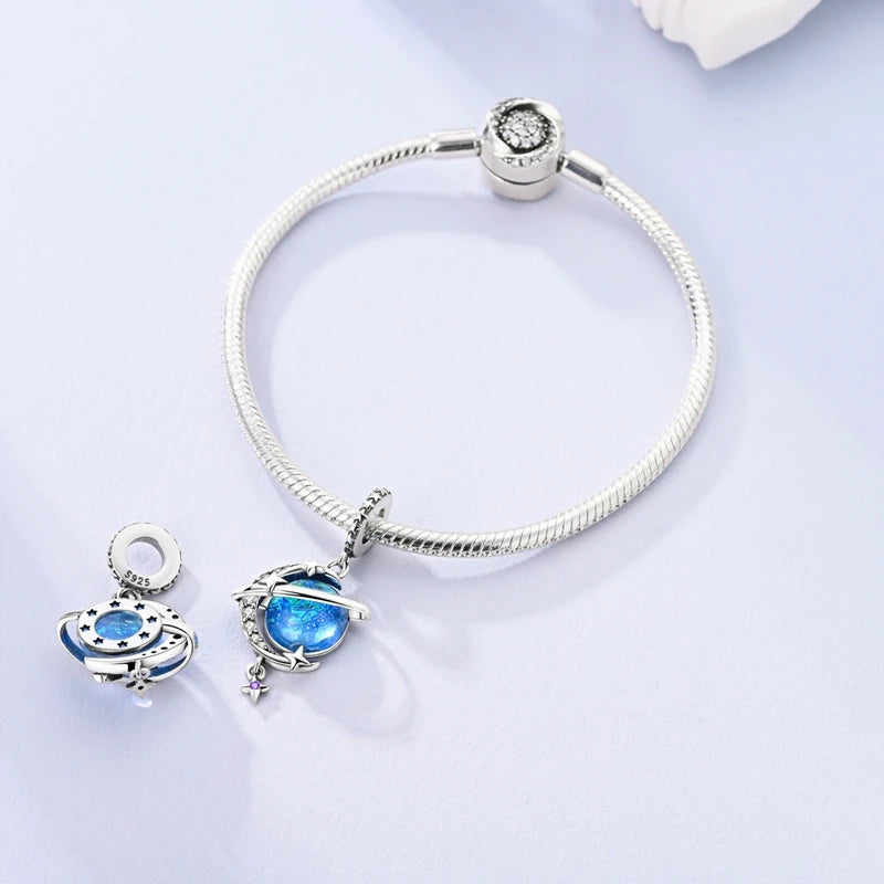 Magical 925 Silver Glass Blue Gem Lotus Planet Moon Charms Beads Fit 3mm 925 Original Bracelets Fine DIY Party Jewelry Gifts