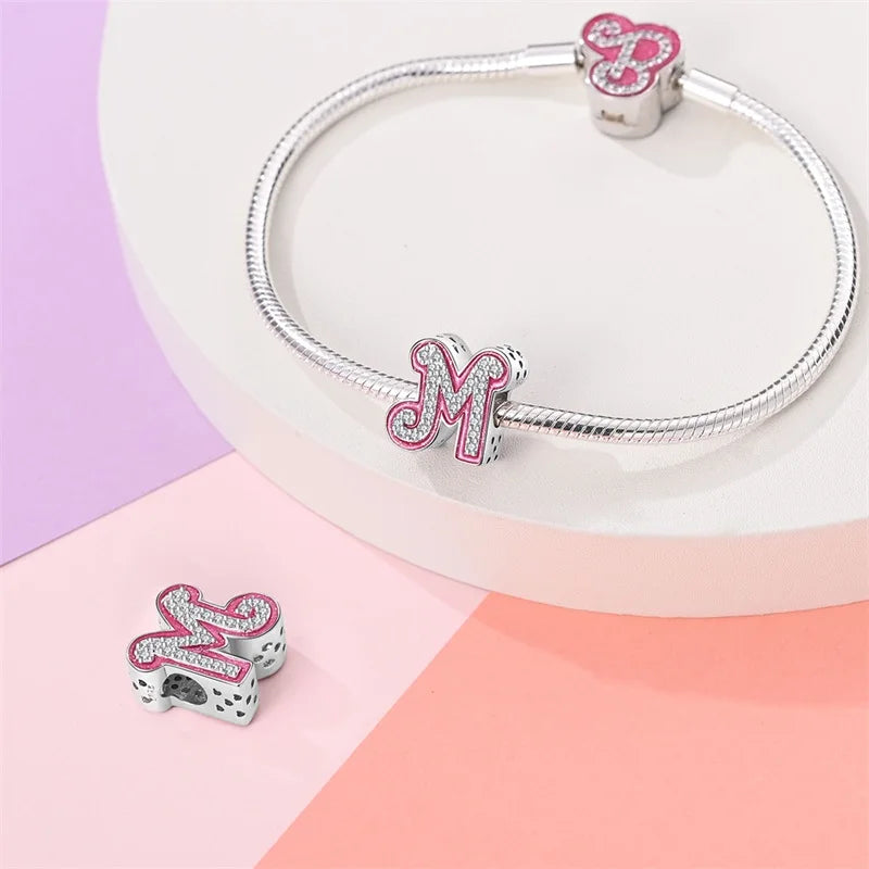 925 Silver 26 Alphabet Pink Princess Letters Charms Bead Fit Pandach 925 Original Bracelet DIY Anniversary Birthday Jewelry Gift