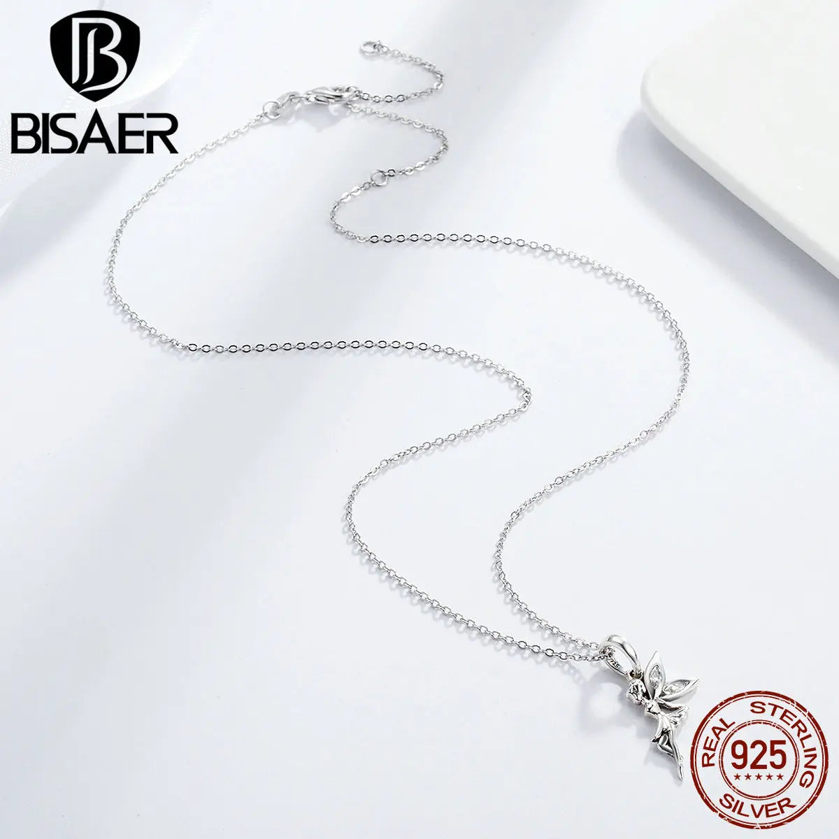 BISAER Authentic 100% 925 Sterling Silver Flower Fairy Clavicle Pendants Necklaces Adjustable Chain For Women Fine Jewelry