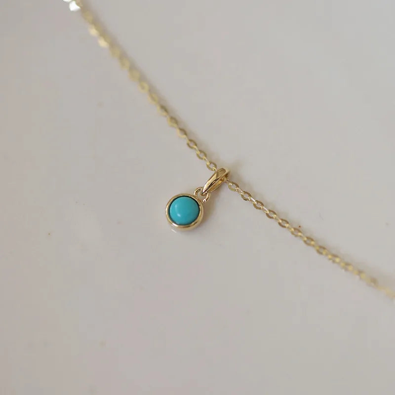 Retro 925 Sterling Silver 14k Gold Plated Necklace for Women Blue Turquoise Mini Geometric Round Pendant Clavicle Chain