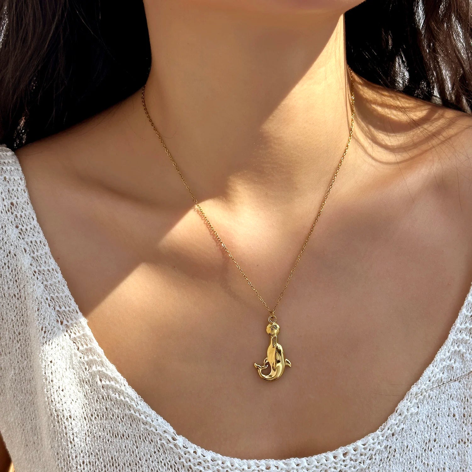 Stainless Steel Ocean Series Necklace for Women Gold Color Textured Starfish Conch Dolphin Pendant Choker Beach Party Jewelry