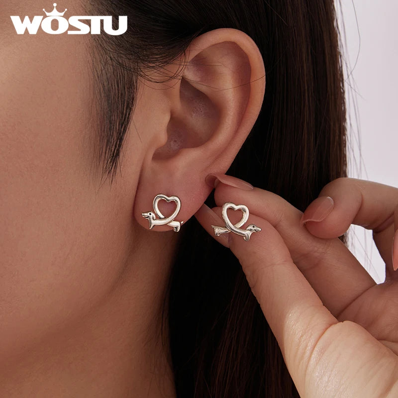 WOSTU 925 Sterling Silver Dachshund Heart Stud Earrings For Pet Lover, Unique Girl Birthday Gift S925 Animal Dog Ear Studs