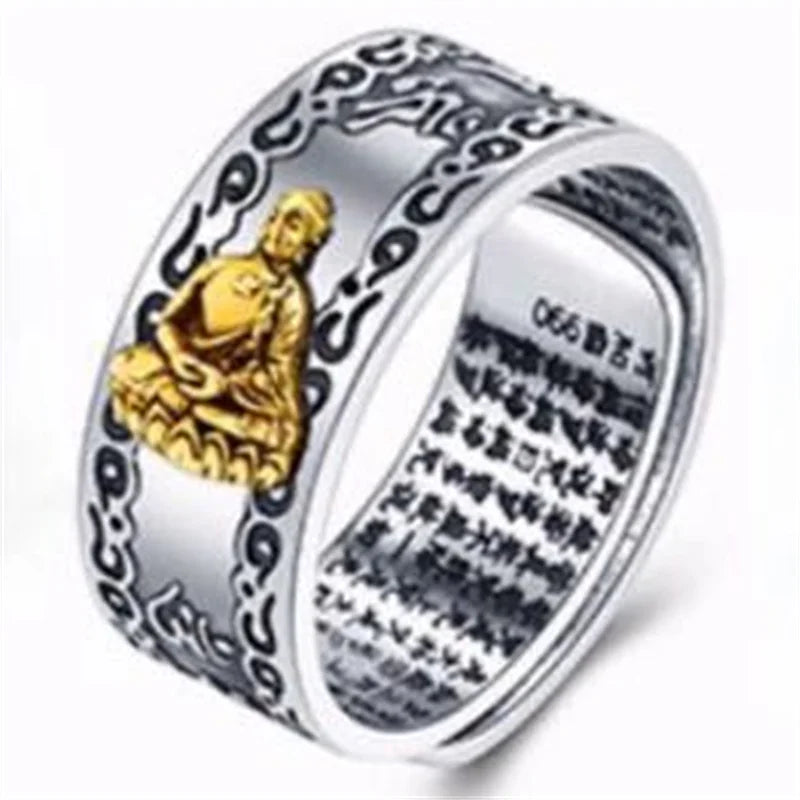 Vintage Silver Eight Guardian Buddha Ring for Men's Jewelry Lucky Twelve Zodiac Amulet Heart Sutra Ring Male Finger Accessories