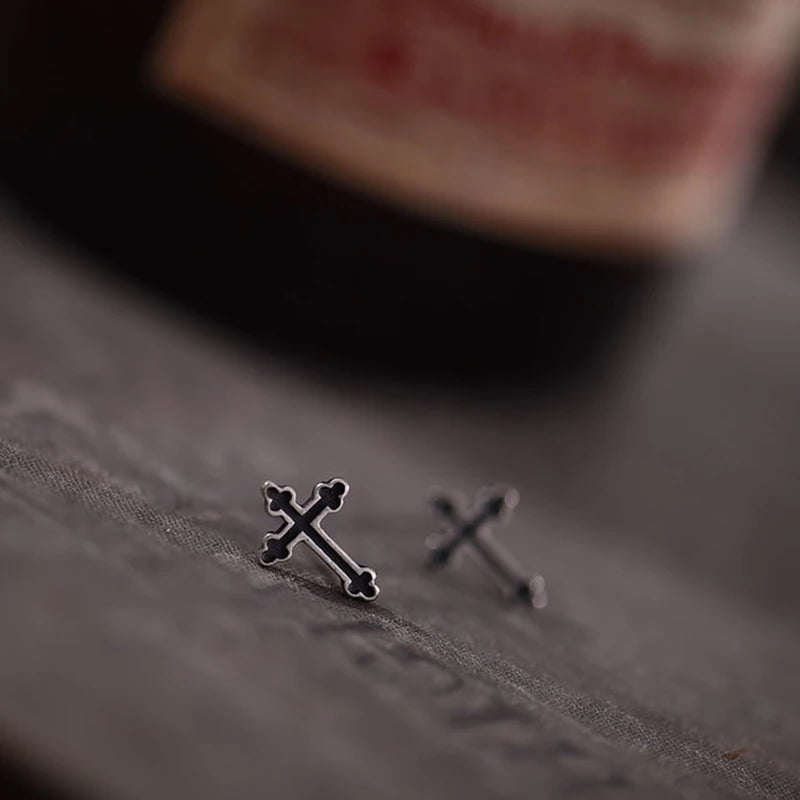 MKENDN Minimalist Men Women Punk Retro 925 Sterling Silver Gothic Cross Stud Earrings Street Hip Hop Ear Jewelry Gifts