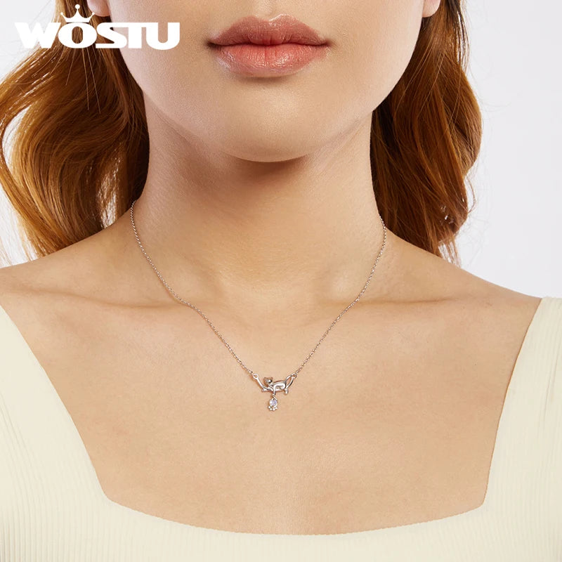 WOSTU 925 Sterling Silver Lovely Cat Necklace for Women Heart Rainbow Moonstone Cats Pet Pendant Necklace Girl Daughter Gift