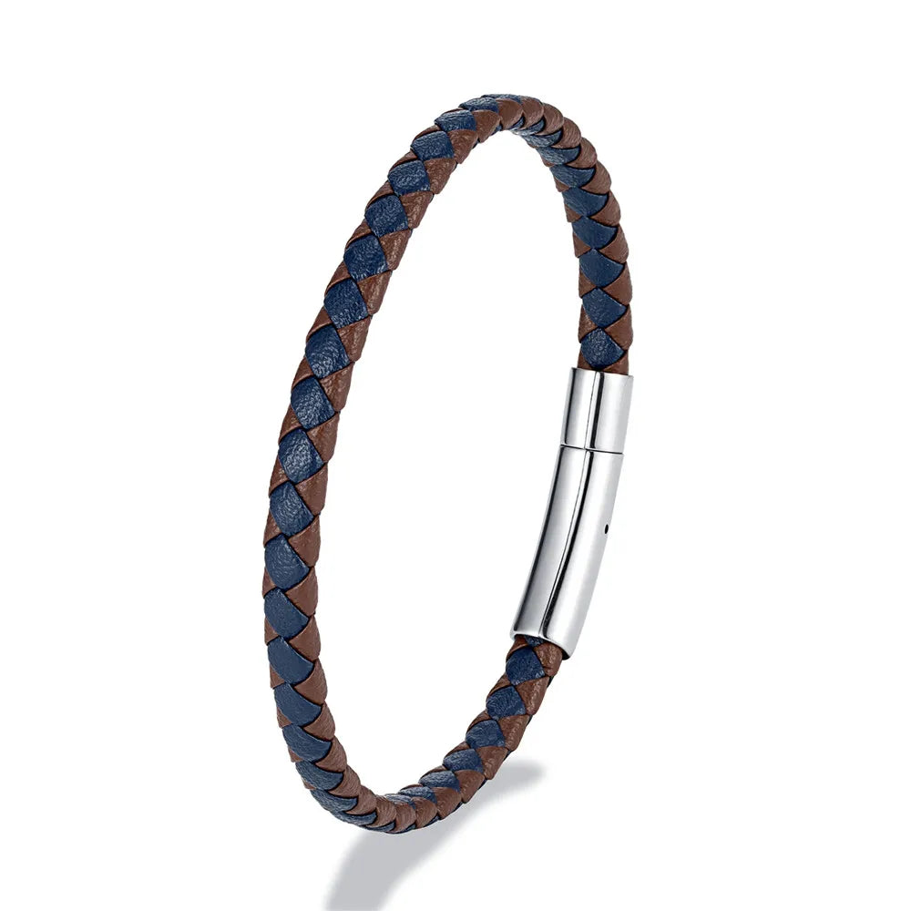 MKENDN Bracelet en cuir tressé noir bleu de style simple Bracelet en acier inoxydable avec boucle magnétique Bijoux pour hommes femmes Couple Cadeau