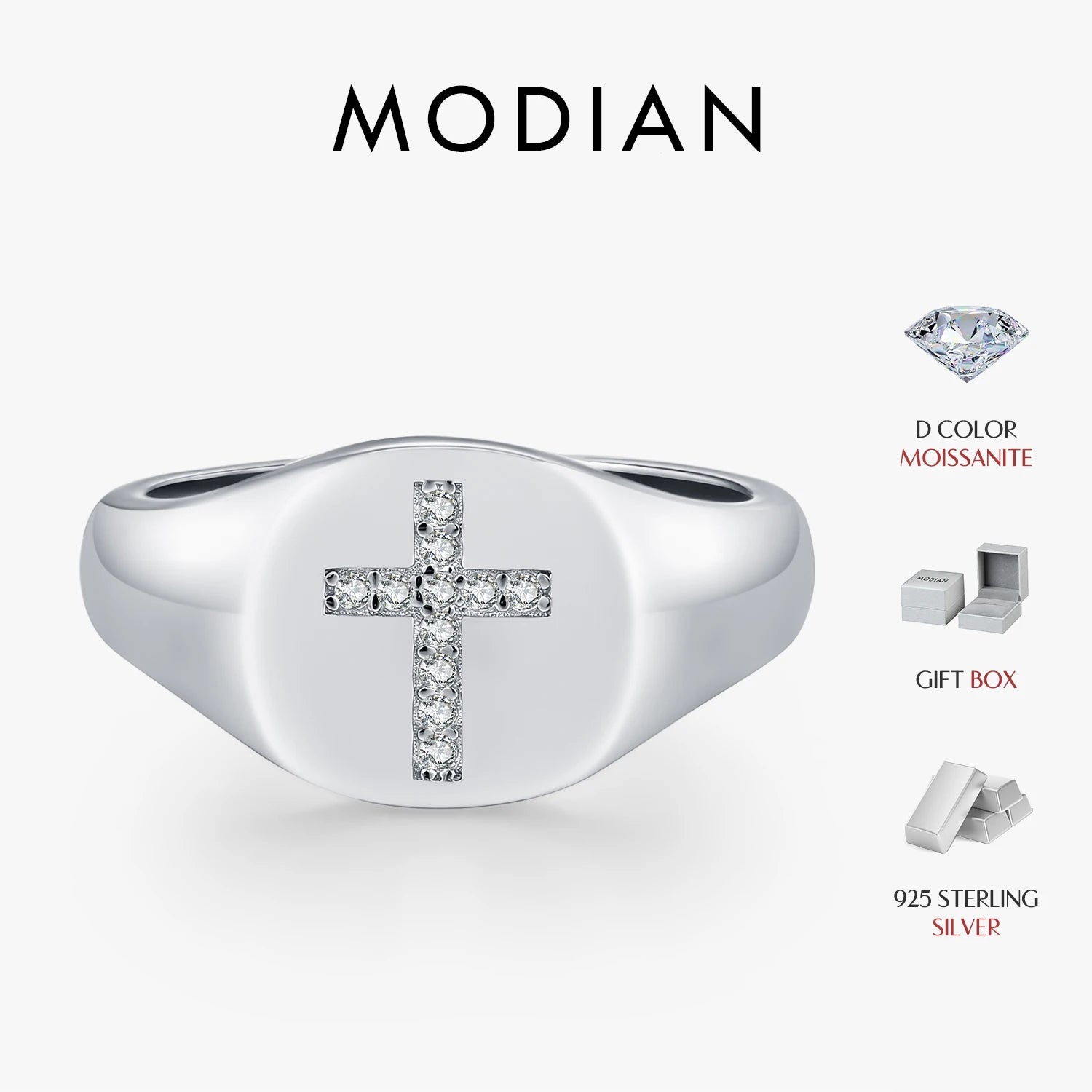 MODIAN D Color Moissanite Signet Rings 925 Sterling Silver Classic Cross Finger Rings For Women & Man Party Fine Jewelry