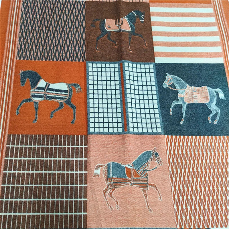 Women's Autumn Winter Horse Pattern Scarf New Luxury Cashmere Feeling Large Blanket Wrap Soft Warm Brand Shawl Retro & Classical - Madeinsea©