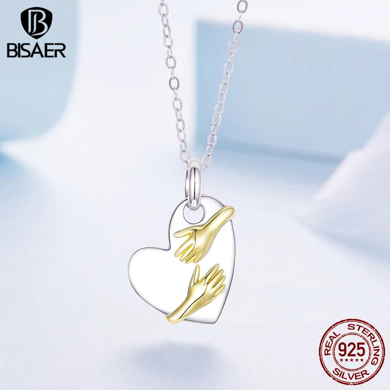 BISAER 925 Sterling Silver Hug Heart Pendant Necklace Adjustable Chain Plated White Gold for Women Party Fine Jewelry EFN441