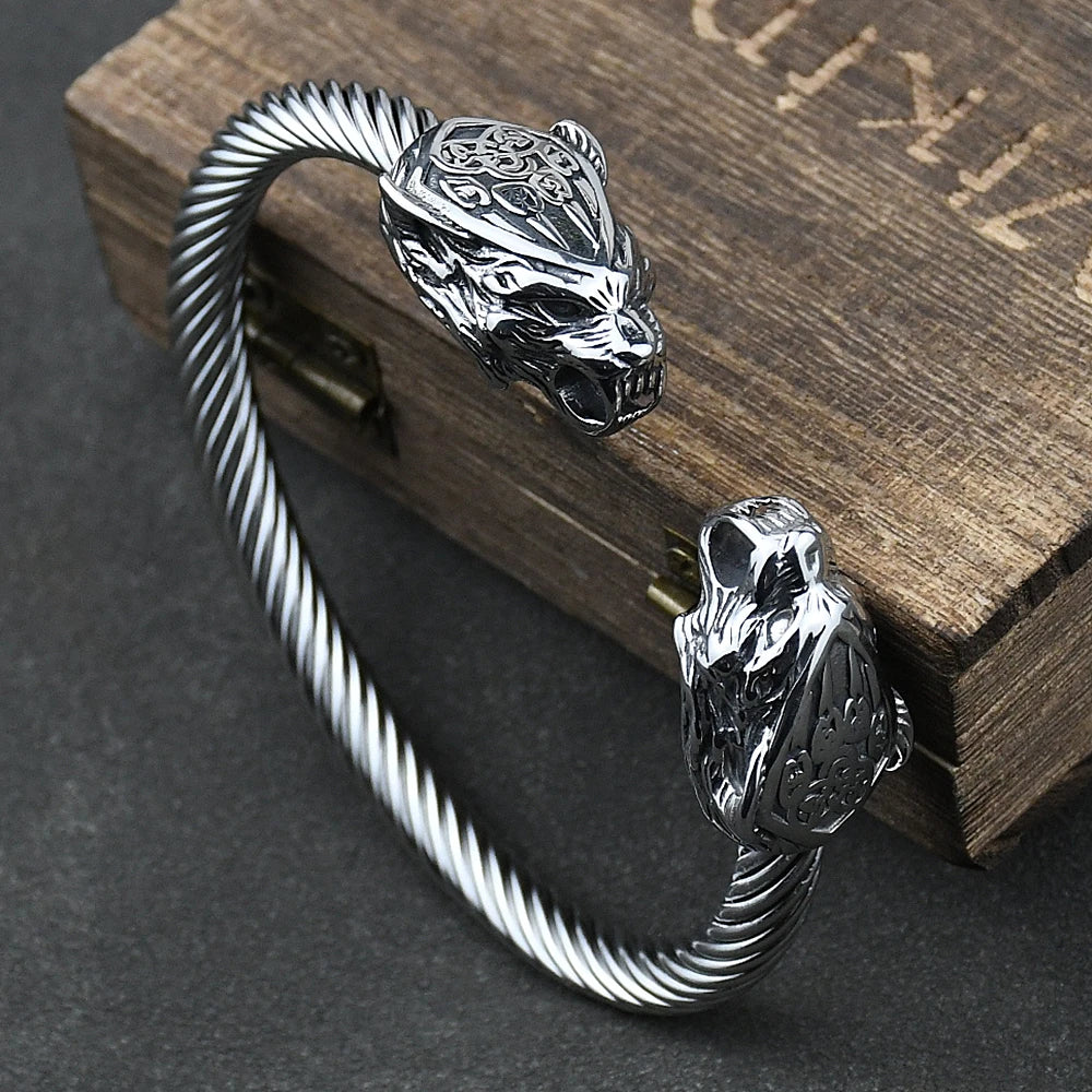 Men Stainless Steel Viking Wolf Geri and Freki Bear Paw Head Bangle amulet Bracelets for Male Gift - Madeinsea©