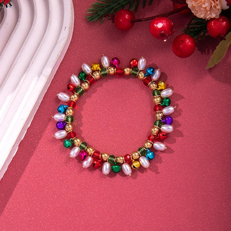 Christmas Multicolor Beads Beaded Bracelet For Women Shiny Crystal Zircon Elk Bell Star Imitation Pearl Bangle New Year Jewelry