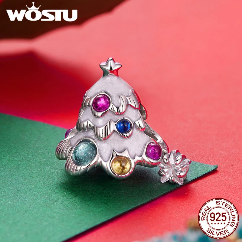 WOSTU 100% 925 Sterling Silver Christmas Tree Bead CZ Santa Claus Charm Snowman Pendant DIY Bracelet Necklace Original Jewelry