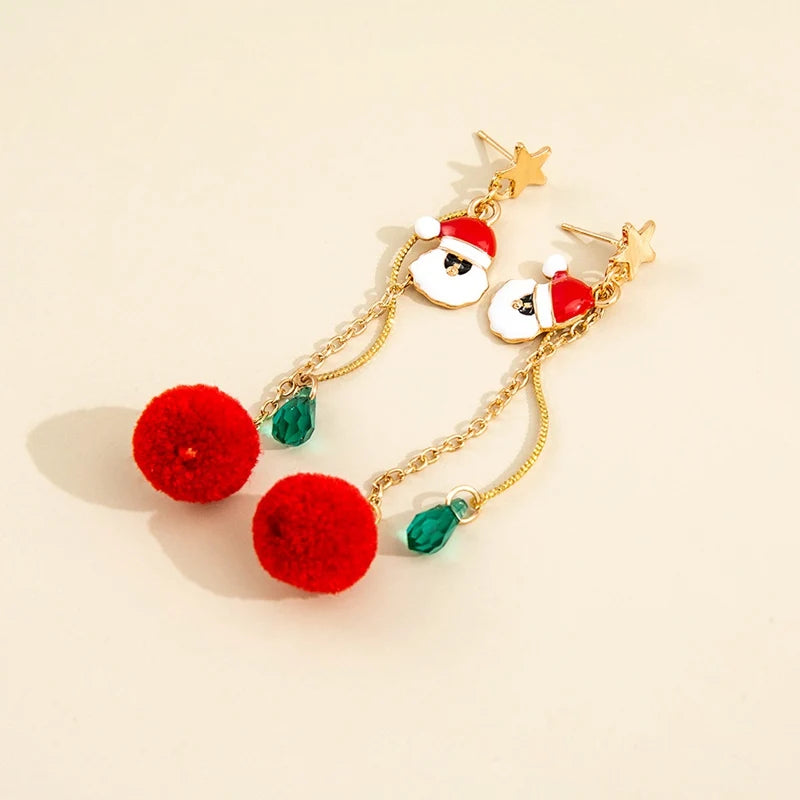 Fashion Christmas Tree Snowflake Earring For Women Santa Claus Bowknot Red Ball Asymmetric Tassel Earring New Year Festival Gift