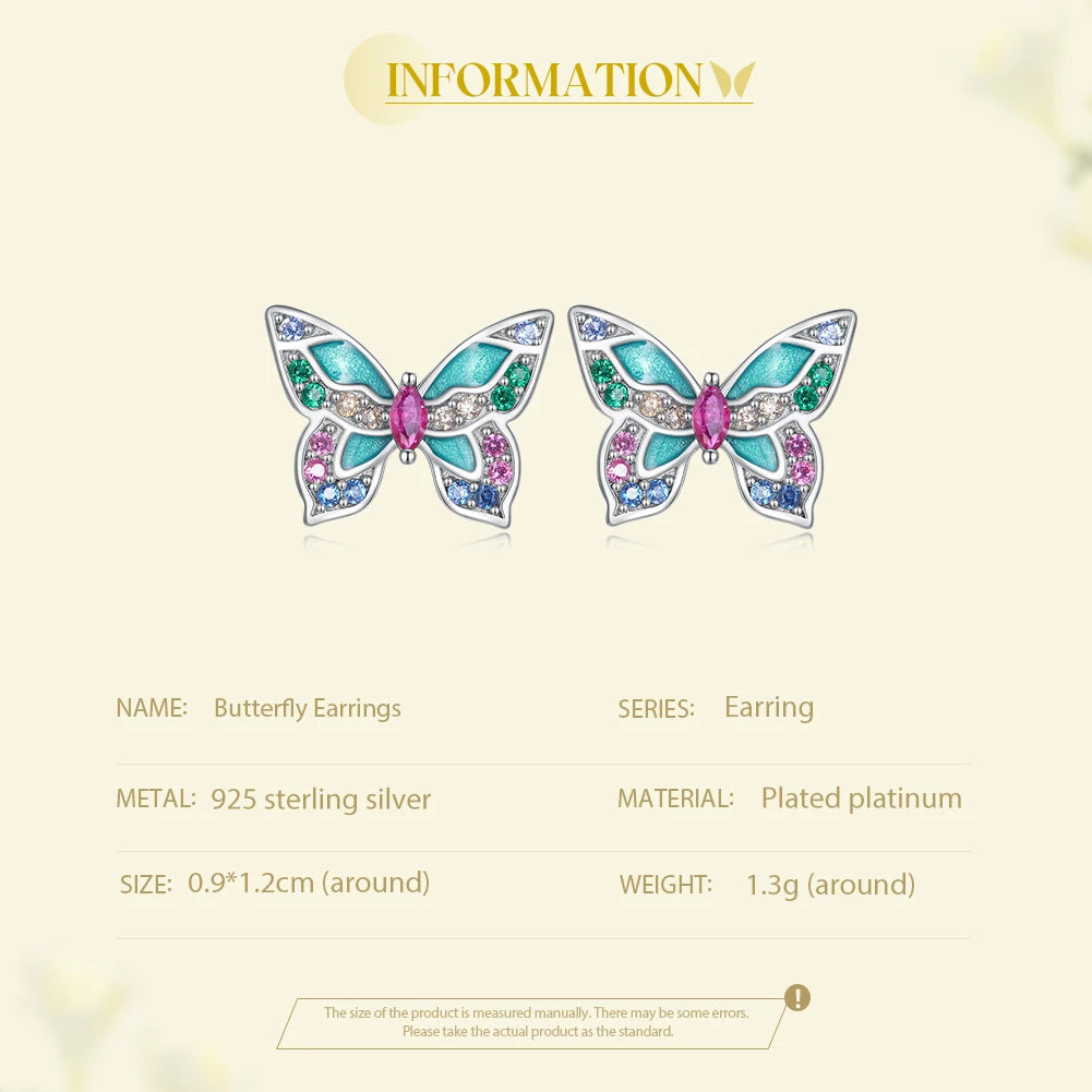 Bamoer 925 Sterling Silver Colorful Zircon Butterfly Stud Earrings for Women Birthday Party Fashion Fine Jewelry BSE807