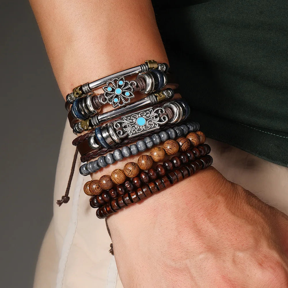 Bohemia Ethnic Leather Bracelets For Men Vintage Flower Wooden Bead Multi Layer Men’s Bracelets Gifts For Friend