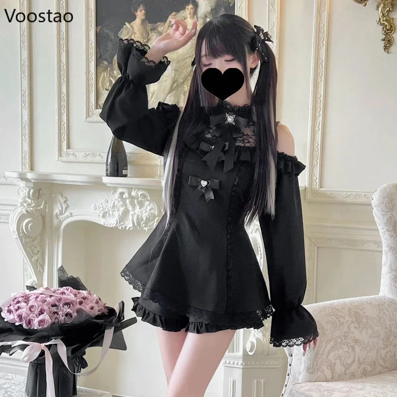 Japanese Style Gothic Y2k Lolita Bow Dress Shorts Set Women Sweet Long Sleeve Shirt Party Dresses Vintage Plaid Slim Mini Dress