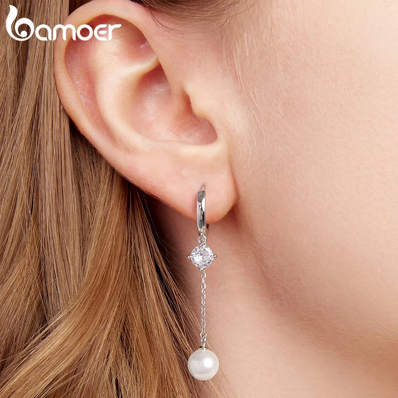 BAMOER 925 Sterling Silber Ohrringe mit gestaffelten Zirkonia-Quasten und runden Perlenohrringen für Damen – Elegantes Weihnachtsgeschenk