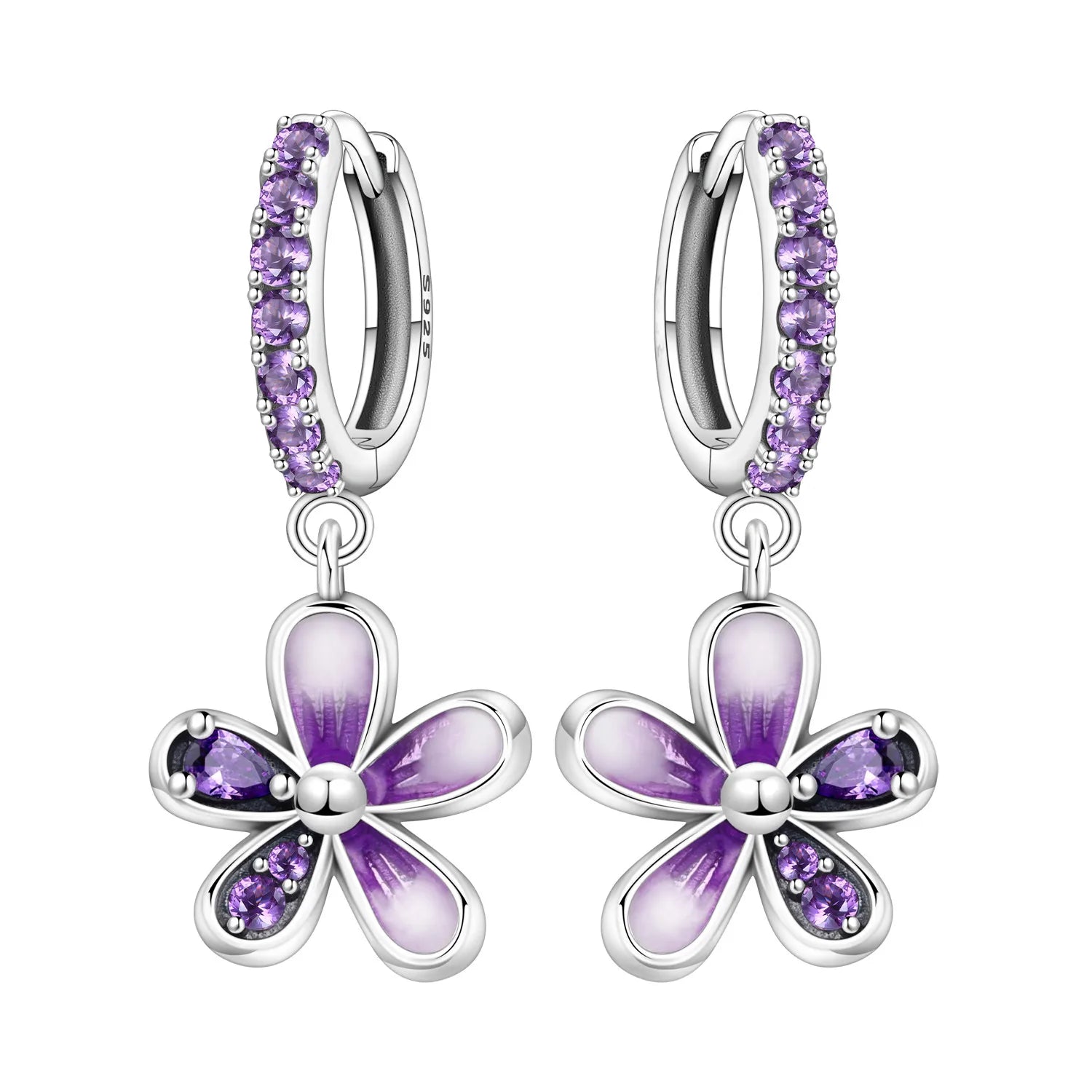 PANPOKI 925 Sterling Silver Gradient Purple Flower Drop Earrings Women Earrings Charm Fashion Versatile Party Jewelry Gifts