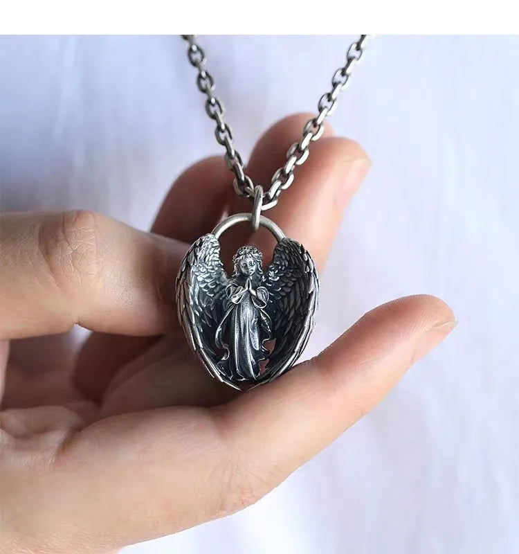 Classic Silver Plated Praying Angel Wings Pendant Necklace Men Women Fashion Protection Amulet Jewelry Birthday Gift