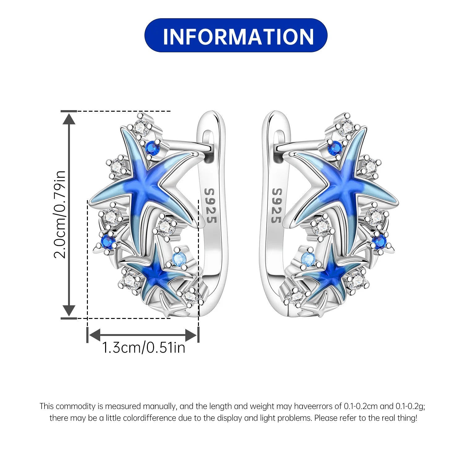 PANPOKI S925 Sterling Silver Dreamy Blue Starfish Earrings Hoop Earrings For Women Jewelry Original Party Trendy Gifts
