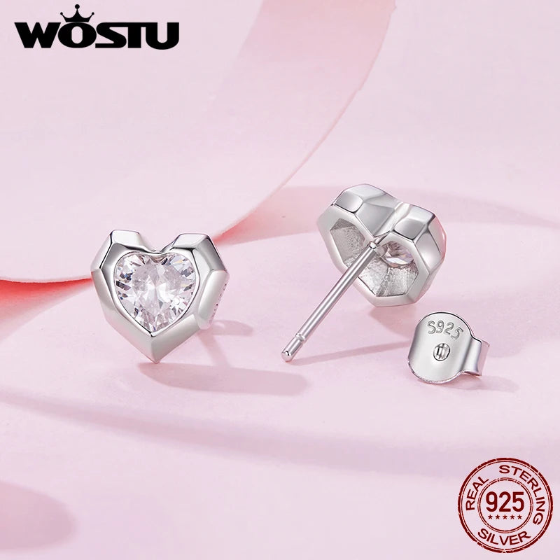 WOSTU 925 Sterling Silver Heart Stud Earrings for Women, Hypoallergenic Studs Luxury Prong Setting Gift for Valentines Day Mom