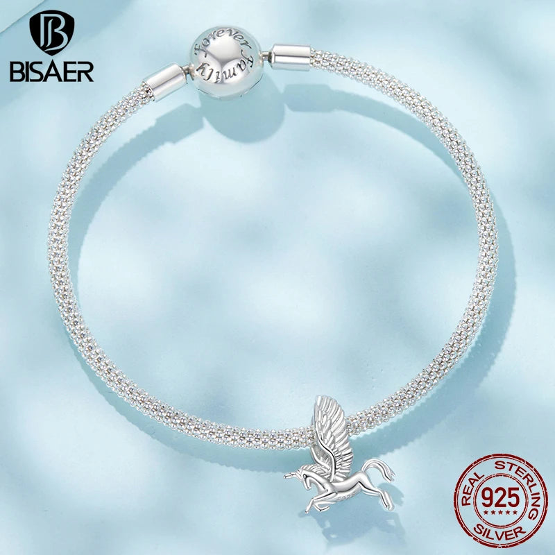 BISAER 925 Sterling Silver Unicorn Charm Bead Animal Pendant Plated White Gold for Women DIY Bracelet & Neckalce Fine Jewelry