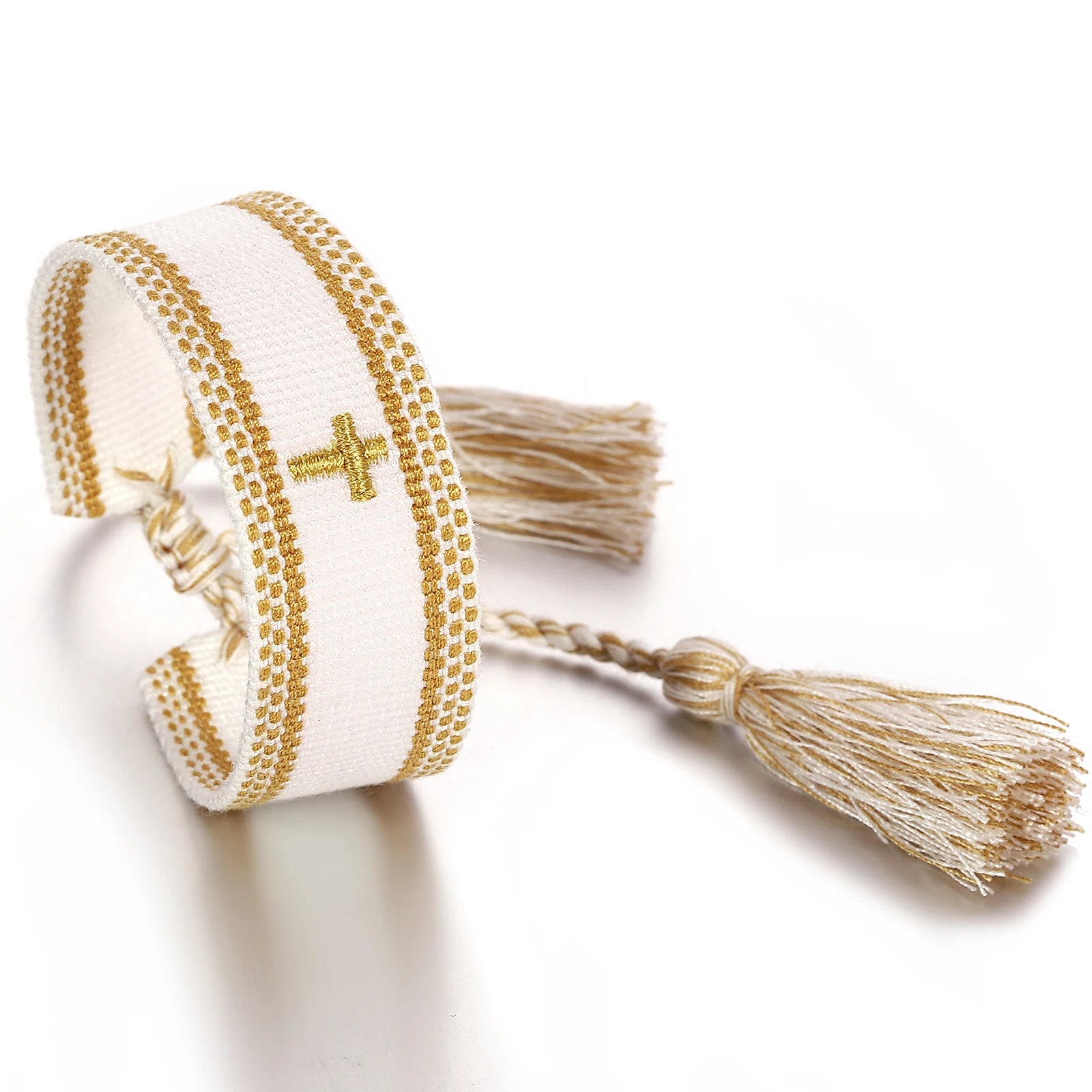 ANESOA Cross Stitch Wrist Strap Bohemia Hand-woven Tassel Bangle For Women Embroidery Personality Cotton Rope Webbing Bracelet