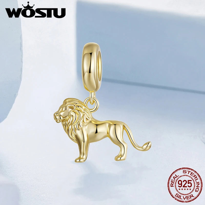 WOSTU 925 Sterling Silver 18K Gold Plate Leopard Lion Pendant Animal Charm For DIY Jewlery Gift Fit Original Bracelet Necklace