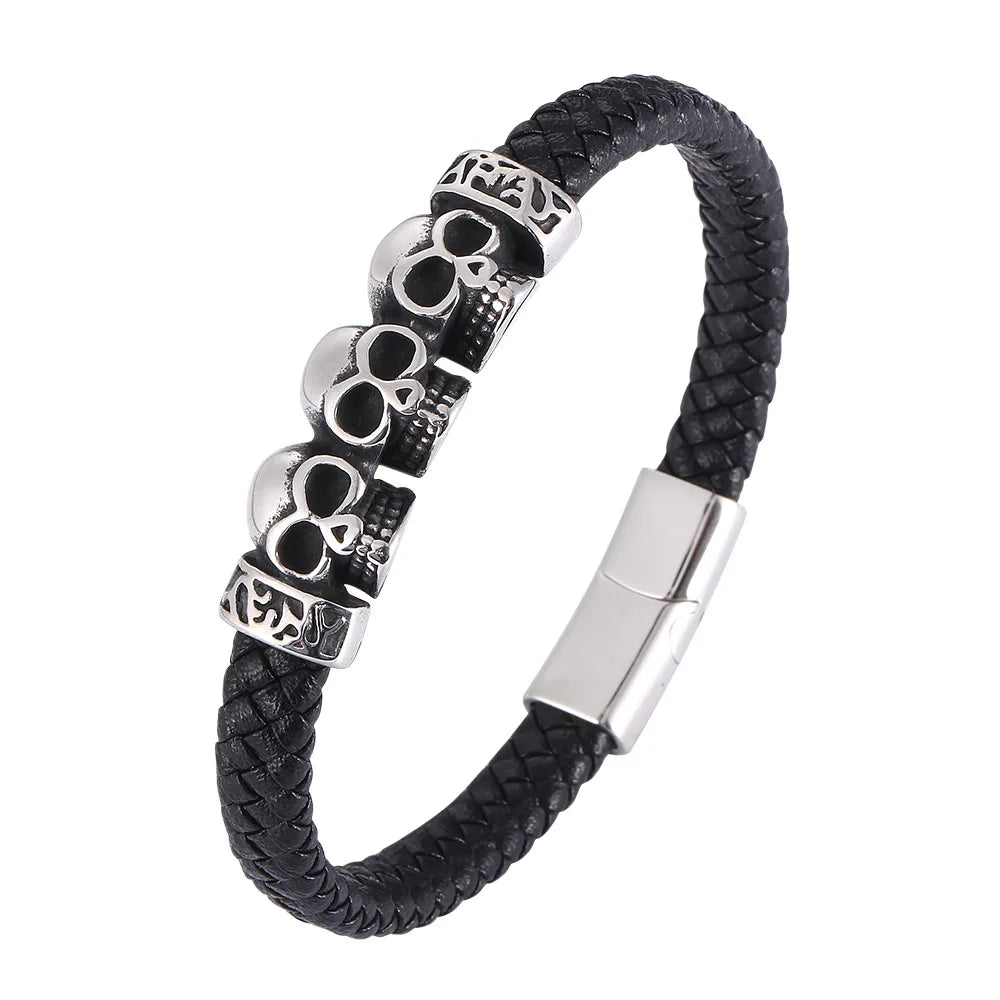 MKENDN Stainless Steel Genuine Leather Bracelet Cool Skull Skeleton Head Bangle Black Braided Viking Bracelet For Men Jewelry