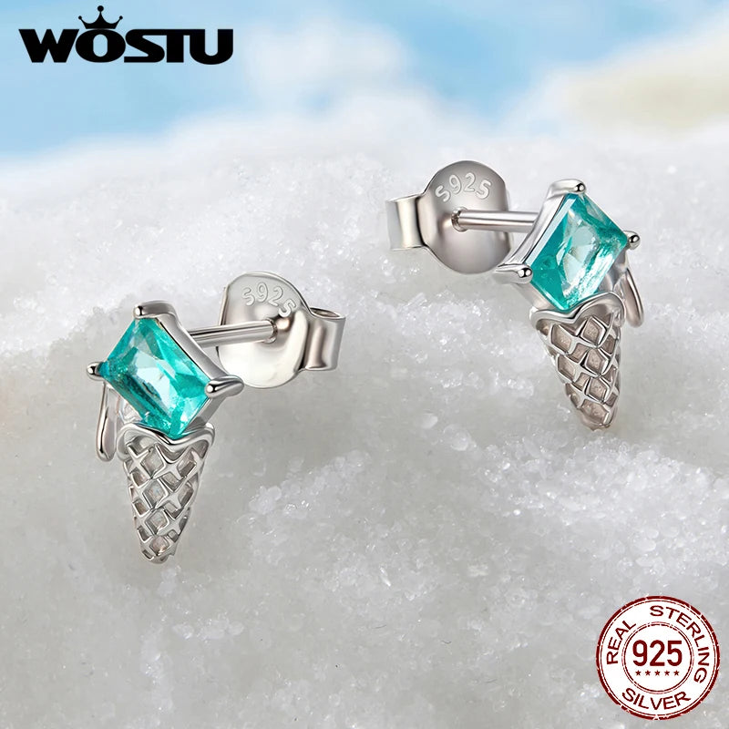 WOSTU Ocean Jewelry 925 Sterling Silver Blue Turtle Green Conch Stud Earrings Women Rainbow Mermaid Ear Hoops Beach Holiday Gift