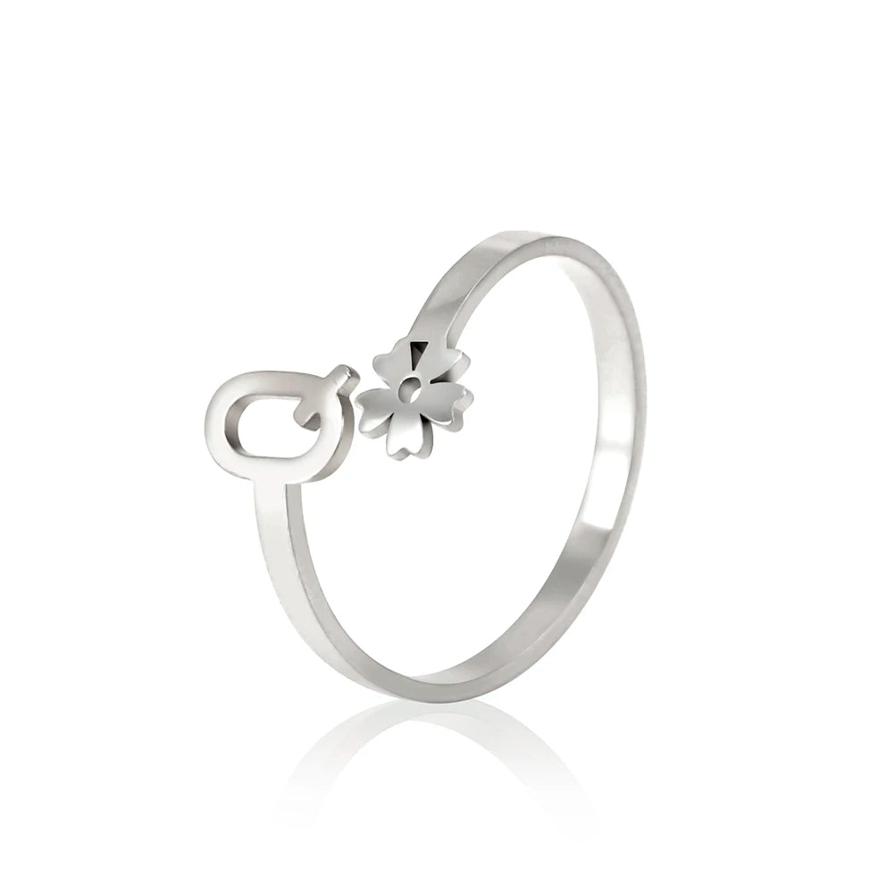 Stainless Steel Flower 26 Alphabet Open Ring for Women A-Z Initial Name Ring 2022 New Fashion Jewelry for Birthday Gift