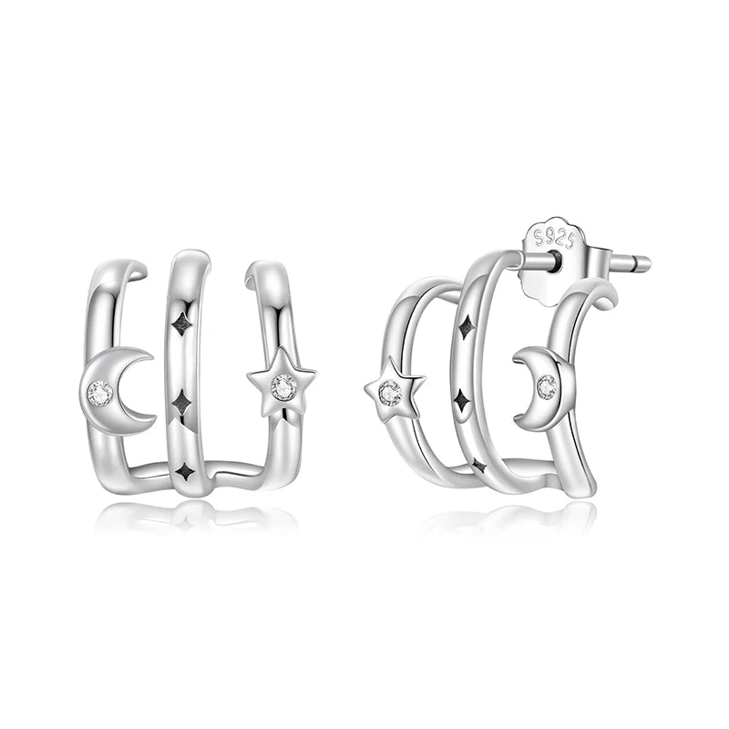 WOSTU 925 Sterling Silver Multi layer Leaves Stud Earrings Moon Star Zircon Ear Studs For Women Party Stacking Jewelry Girl Gift