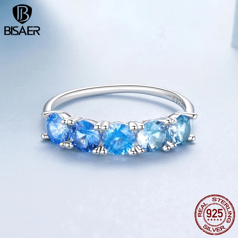 BISAER 925 Sterling Silver Sea Blue Ring Stackable Eternity Band Plated White Gold for Women Wedding Fine Jewelry EFR706