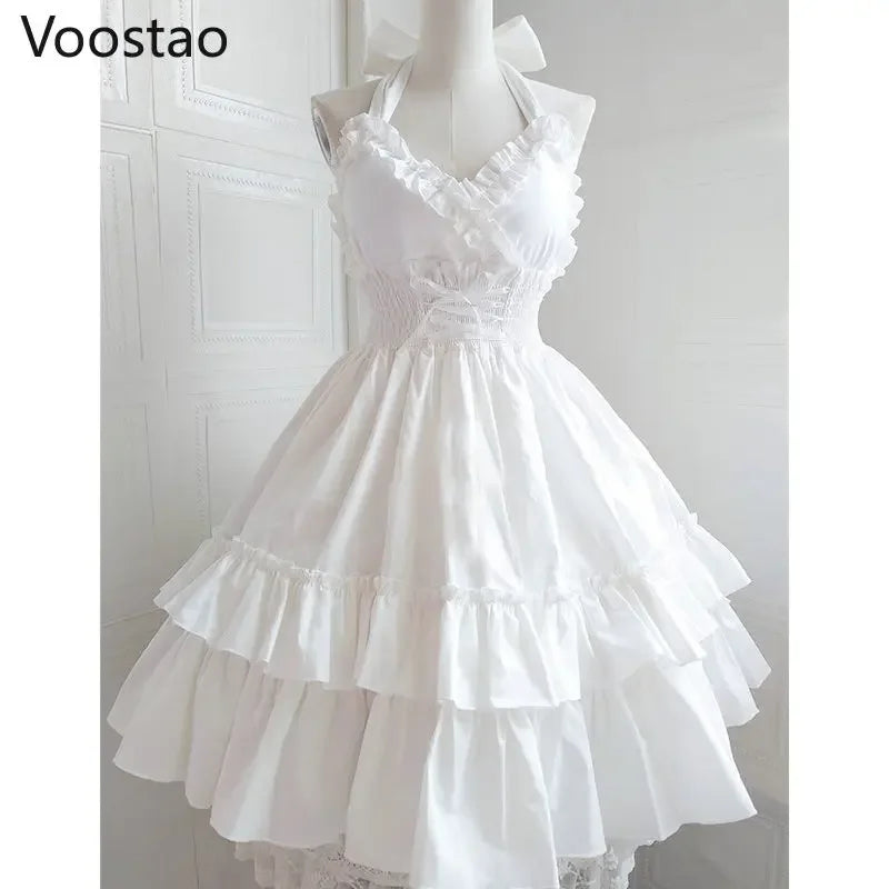 Vintage Elegant Lolita Jsk Dress Women Sweet Princess Dancing Party Slim Dresses Girly Cute Ruffles Halter Collar Wedding Dress