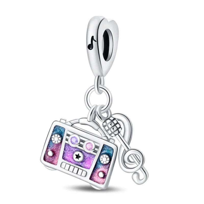Romantic Music Charms Beads 925 Sterling Silver Piano Violin Red Guitar Punk Saxophone Pendants Fit Qikaola Bracelet DIY Jewelry