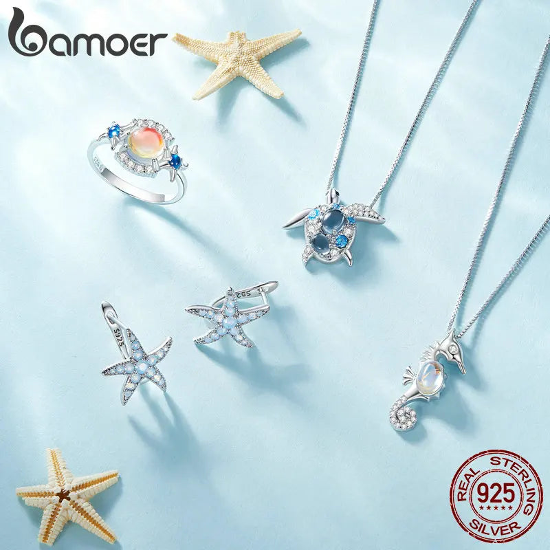 Bamoer 925 Sterling Silver Blue Opal Starfish Ear Buckles Delicate Sea Star Hoop Earrings for Women Fine Jewelry