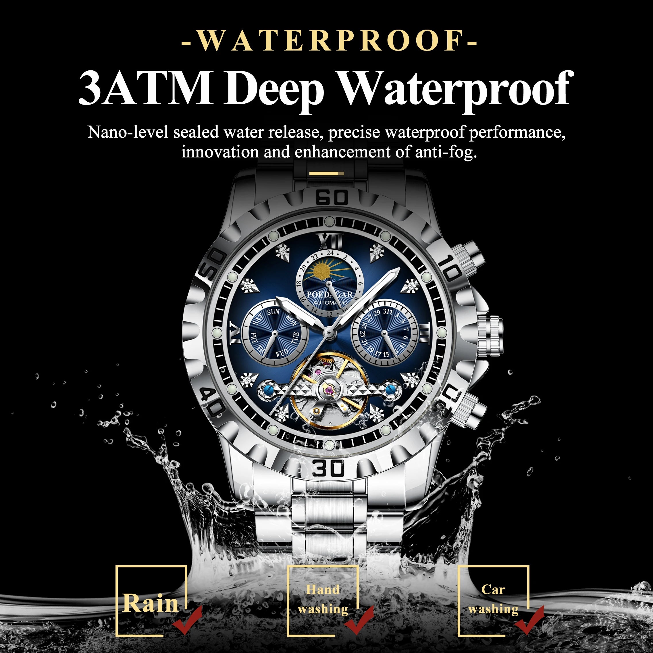 POEDAGAR Business Top Watch For Man Hollow Tourbillon Automatic Men's Watches Date Week Mechanical Stainless Steel Men Clock+Box