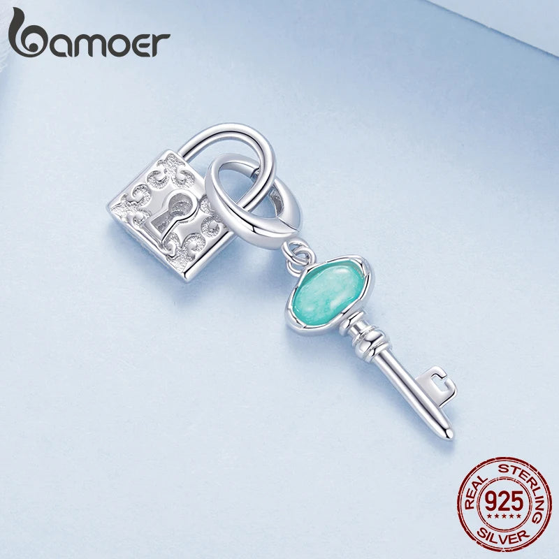 BAMOER Solid 925 Sterling Silver Lock and Key Charm Pendant fit Original Bracelet DIY Jewelry Accessories bamoer Beads