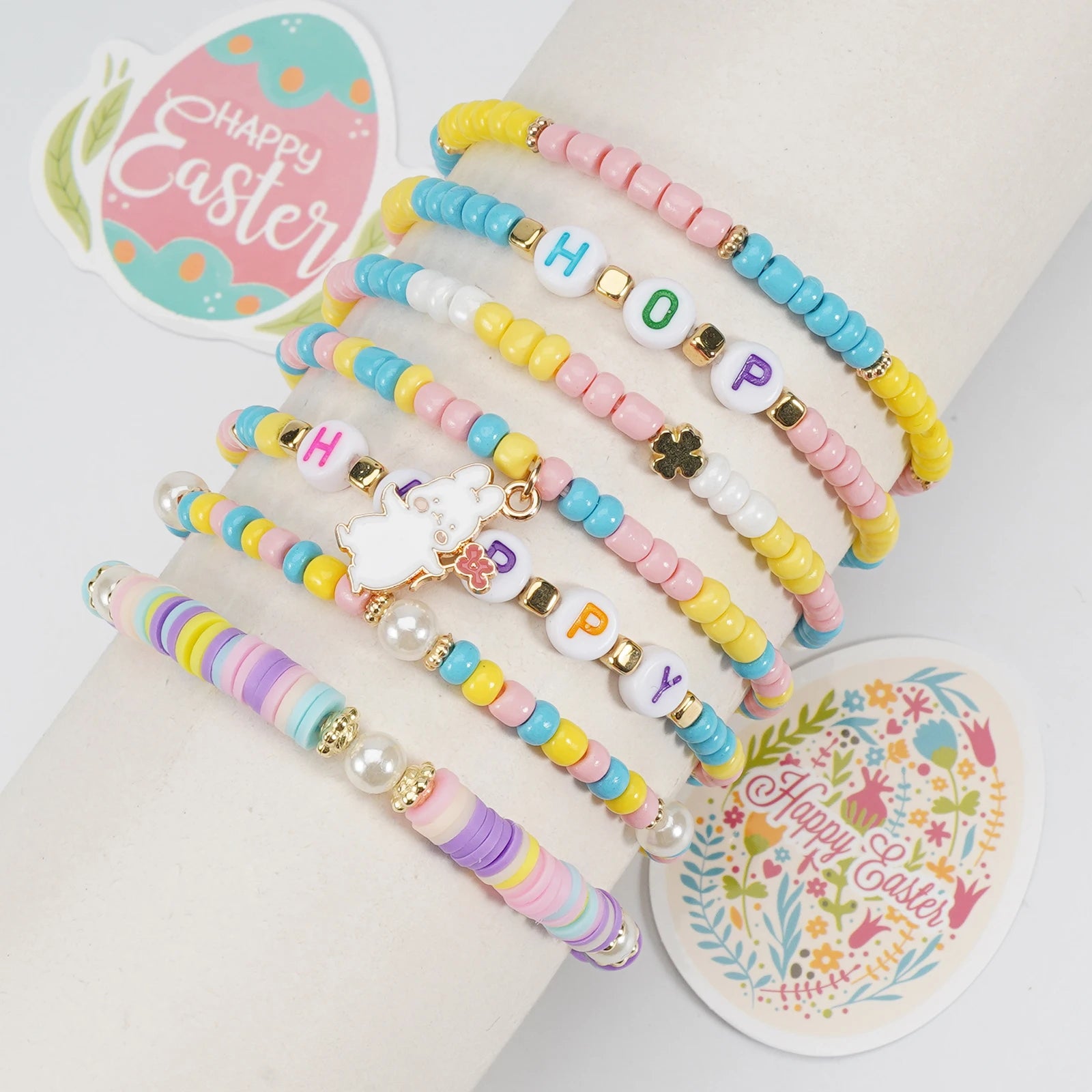 Ensemble de bracelets de Pâques colorés, empilables, en argile, extensibles, perles, style bohème, disques en vinyle, pour femmes