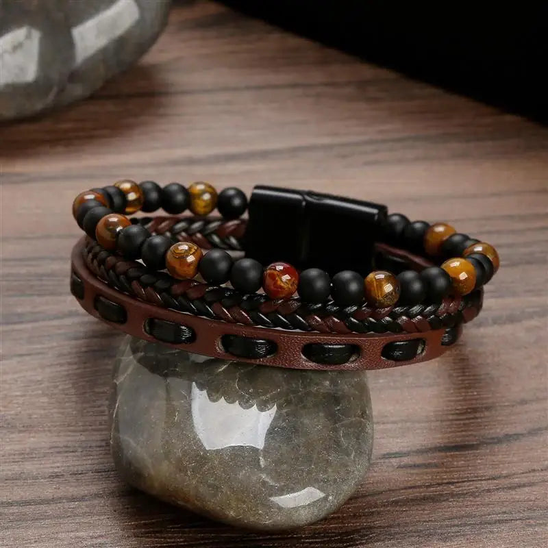 2023 New Men Bracelet Multilayer Leather Bracelet with Natural Stone Beads Punk Jewelry Stainless Steel Magnetic Clasp Bangles