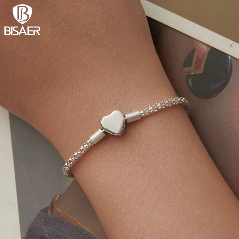 BISAER Real 925 Sterling Silver Heart Basic Bracelet Love Starry Bracelets for Women Charms Beads DIY Fine Jewelry EFB209