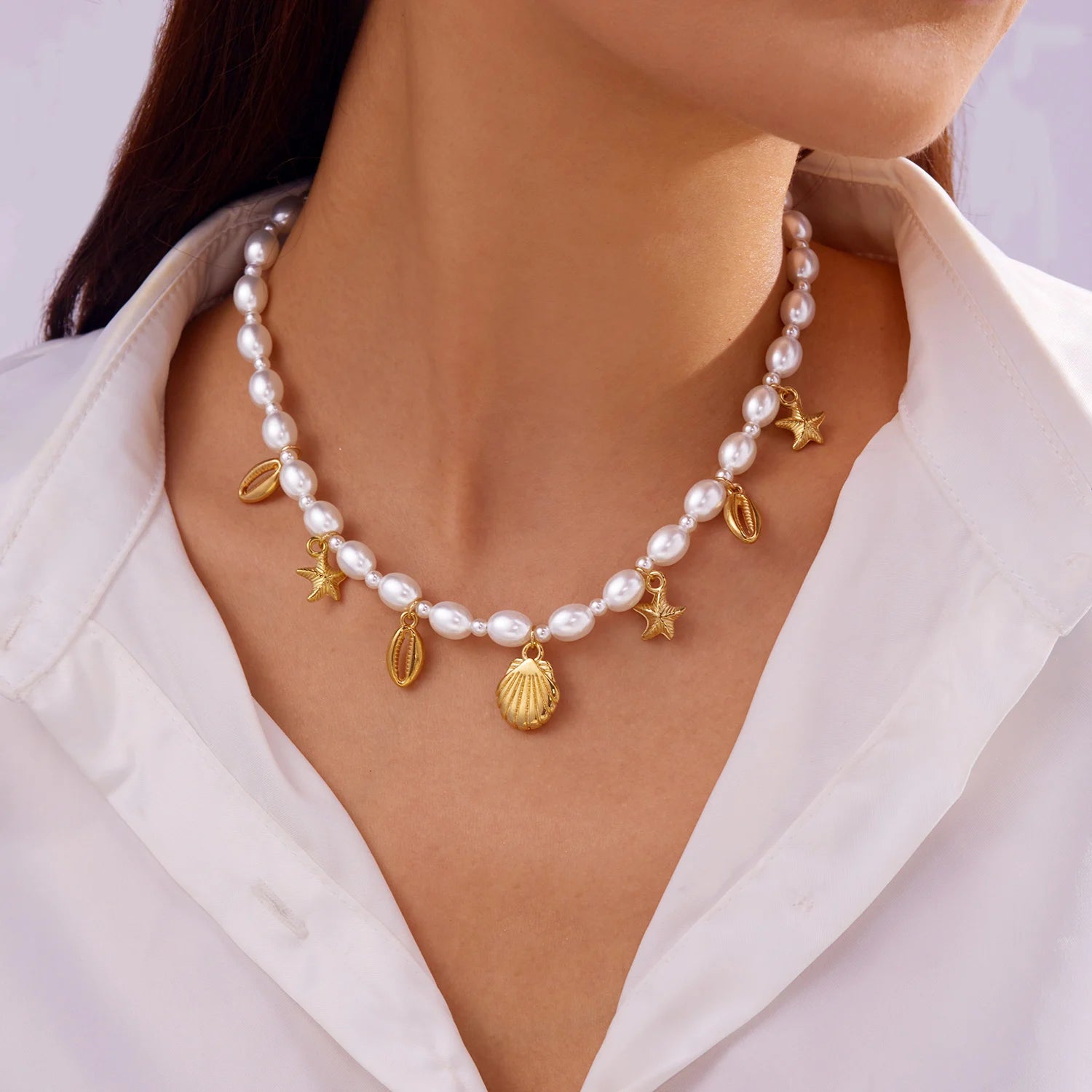 Bohemian Multilayer Starfish Sea Shell Rice Beads Necklace For Women Vintage Fishtail Pearl Conch Clavicle Choker Beach Jewelry