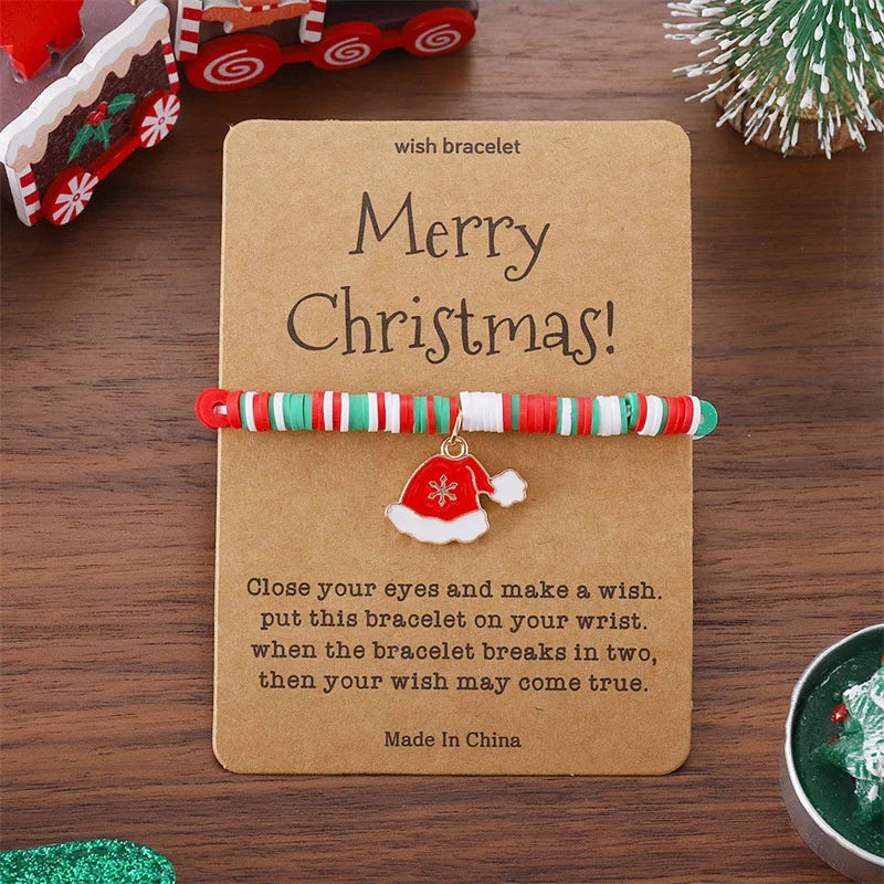 Christmas Bracelet For Women Santa Claus Christmas Tree Snowman Pendant Polymer Clay Bracelets Party Friendship Wish Card Gifts