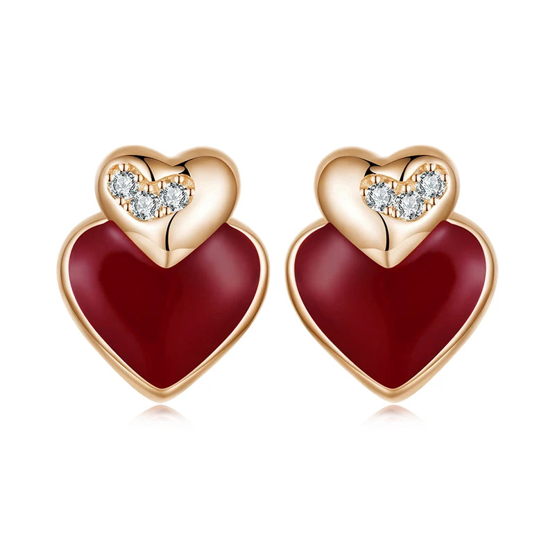 BAMOER 925 Sterling Silver Angela Red Double Heart Stud Earrings Bowknot Cross Earrings for Women Teens Cute Huggies Jewelry