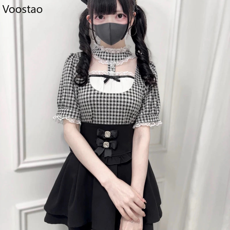 Japanese Gothic Lolita Style Shirts Women Vintage Sweet Y2k Lace Ruffles Short Sleeve Plaid Blouses Jirai Kei Girls Casual Tops