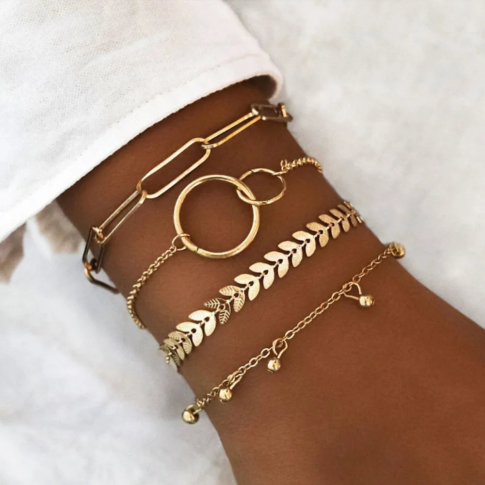 Trendy Geometric Link Chain Bracelet Set For Women Rhinestones Gold Color Leaves Heart Pendant Open Cuff Bangle Girls Jewelry - Madeinsea©