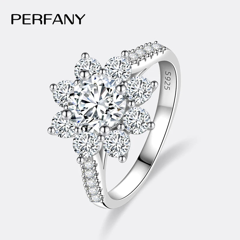 PERFANY 1-2CT Moissanite Ring for Women S925 Pure Silver Sunflower Design Laboratory Diamond Elegant Wedding Jewelry