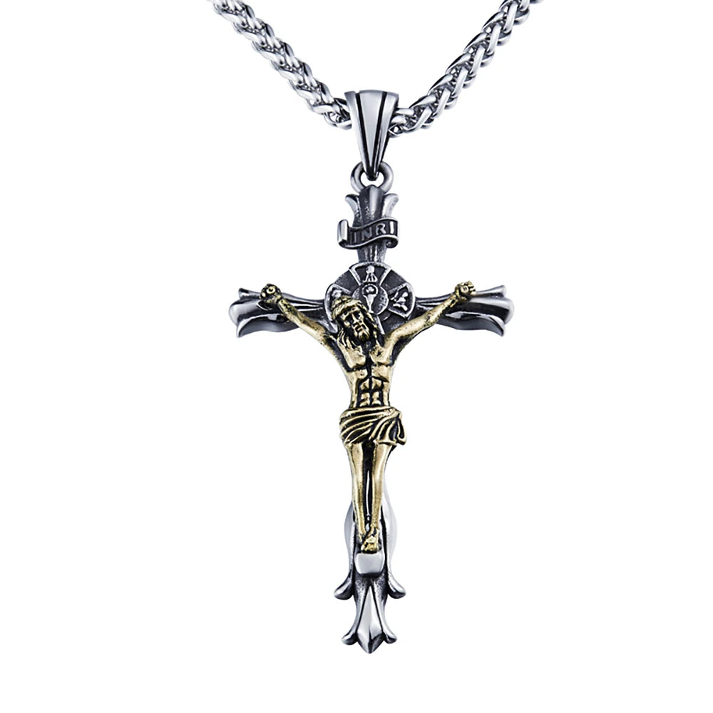 New Vintage Jesus Cross Pendant Necklace For Men Stainless Steel Punk Cross Religious Necklaces Fashion Amulet Jewelry Wholesale
