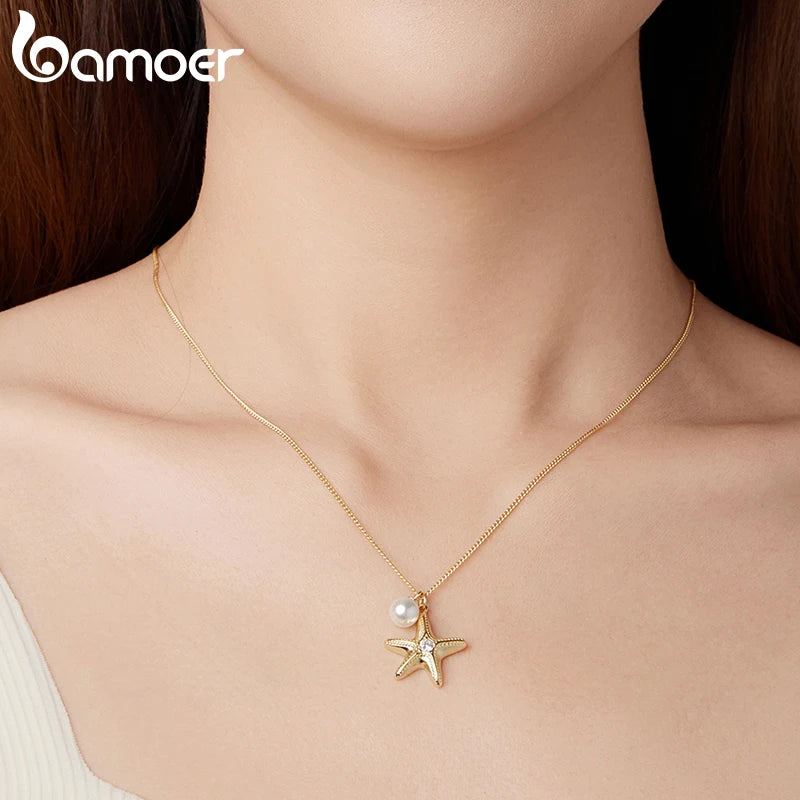BAMOER Halskette mit Seesternanhänger aus 925er Sterlingsilber, runden Perlen und einer schlichten Gliederkette aus 18-karätigem Gold – ein elegantes Geschenk für Damen